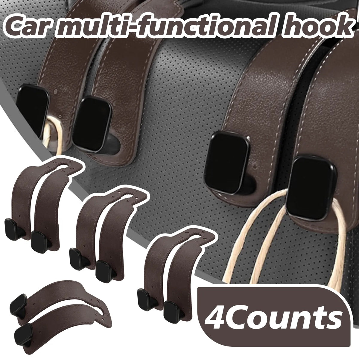 4PCS Faux Leather Car Headrest Hooks: Double-Hook Organizer for Bags & Essentials — image 10