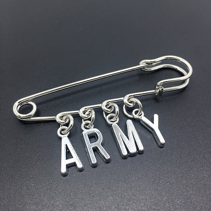 ARMY letter charm silver-tone safety pin brooch