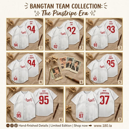 BTS seven member white pinstripe baseball jersey style collection