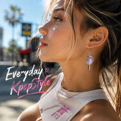BTS-inspired light stick drop earring worn with an everyday outfit
