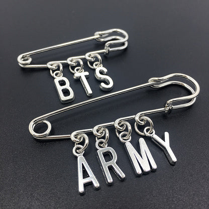 BTS and ARMY silver-tone letter charm safety pin brooch options