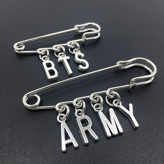 BTS and ARMY silver-tone letter charm safety pin brooch options