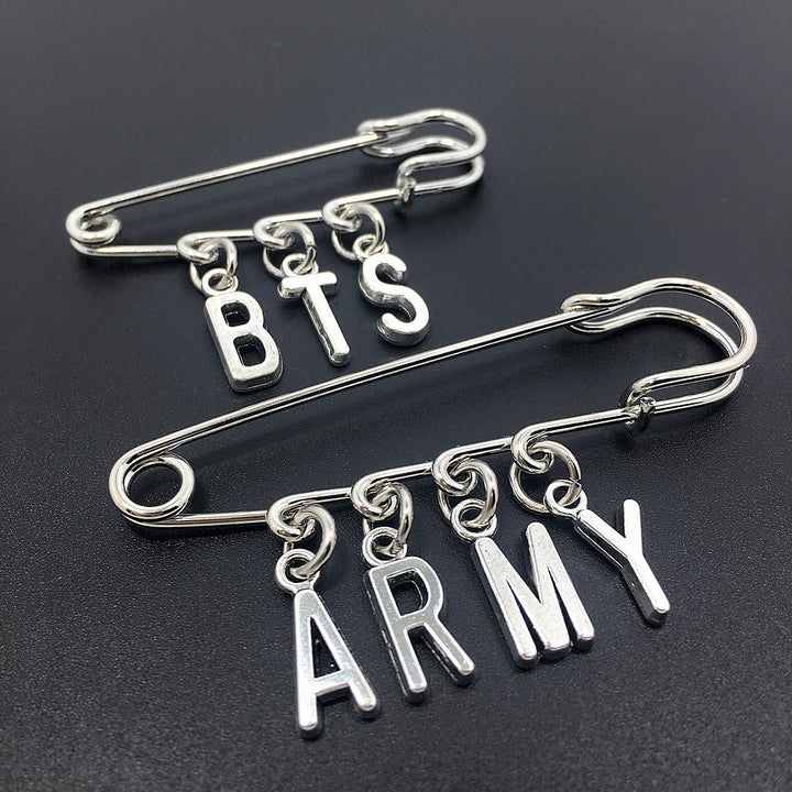 BTS and ARMY silver-tone letter charm safety pin brooch options