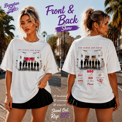 BTS-inspired The Kings Are Back white graphic T-shirt front and back