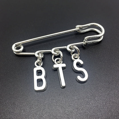 BTS letter charm silver-tone safety pin brooch