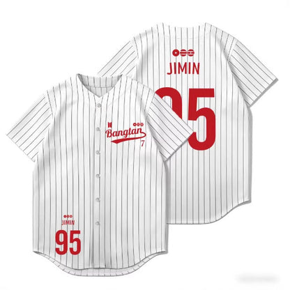 BTS white pinstripe baseball jersey Jimin 95 front and back