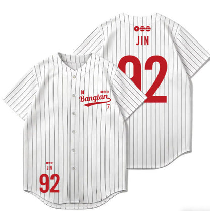 BTS white pinstripe baseball jersey Jin 92 front and back