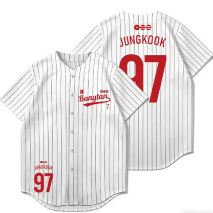BTS white pinstripe baseball jersey Jungkook 97 front and back