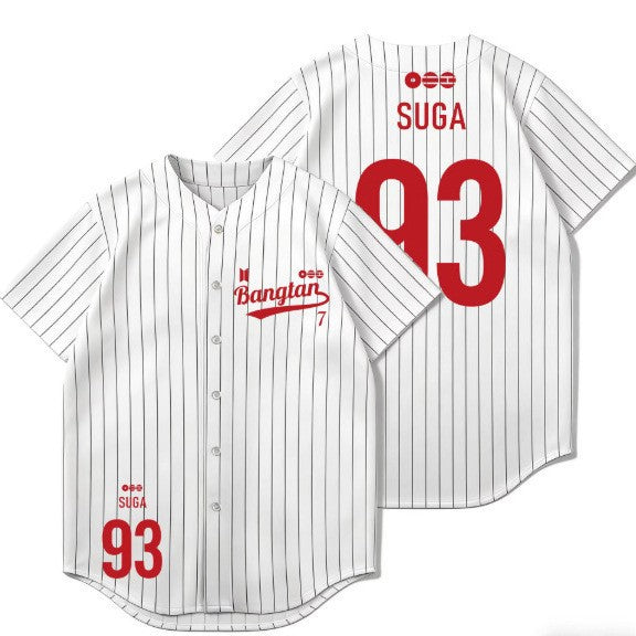 BTS white pinstripe baseball jersey Suga 93 front and back