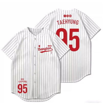 BTS white pinstripe baseball jersey Taehyung 95 front and back