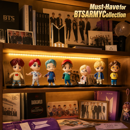 BTS seven members mini figure set displayed on an ARMY collector shelf