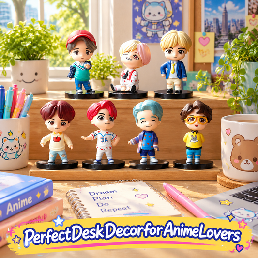 Complete BTS seven members mini figure set displayed on a bright desk