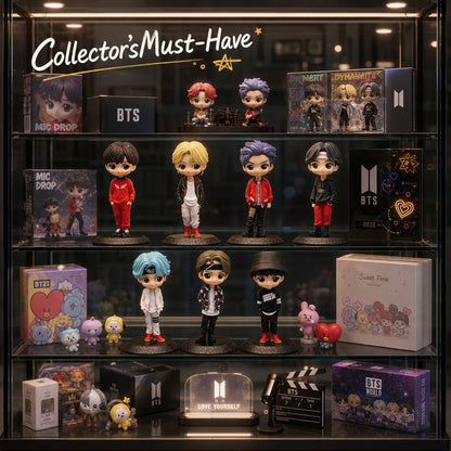 K-pop fan collectible display featuring chibi-style figures
