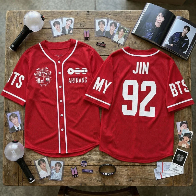 BTS ARIRANG Jin 92 red baseball jersey front and back