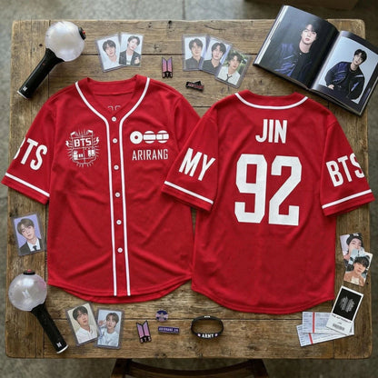 BTS ARIRANG Jin 92 red baseball jersey front and back