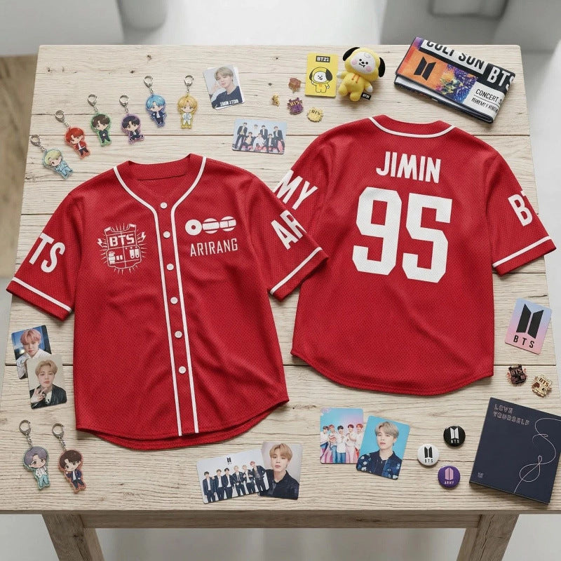 BTS ARIRANG Jimin 95 red baseball jersey front and back