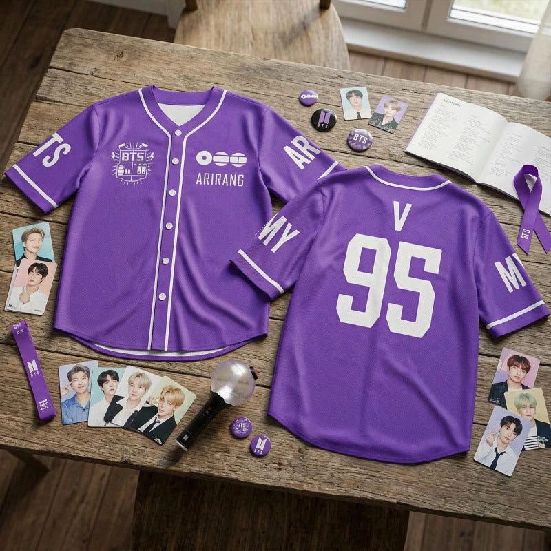 BTS ARIRANG V 95 purple baseball jersey front and back
