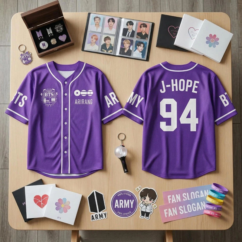 BTS ARIRANG J-Hope 94 purple baseball jersey front and back