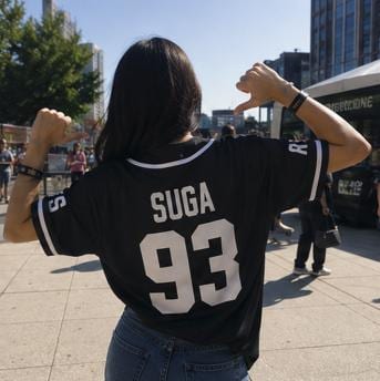 Black BTS baseball jersey white vinyl font detail
