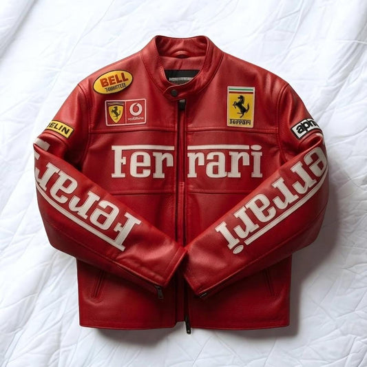 Red Ferrari Racing Leather Jacket front view showing embroidered sponsor patches and stand-up collar