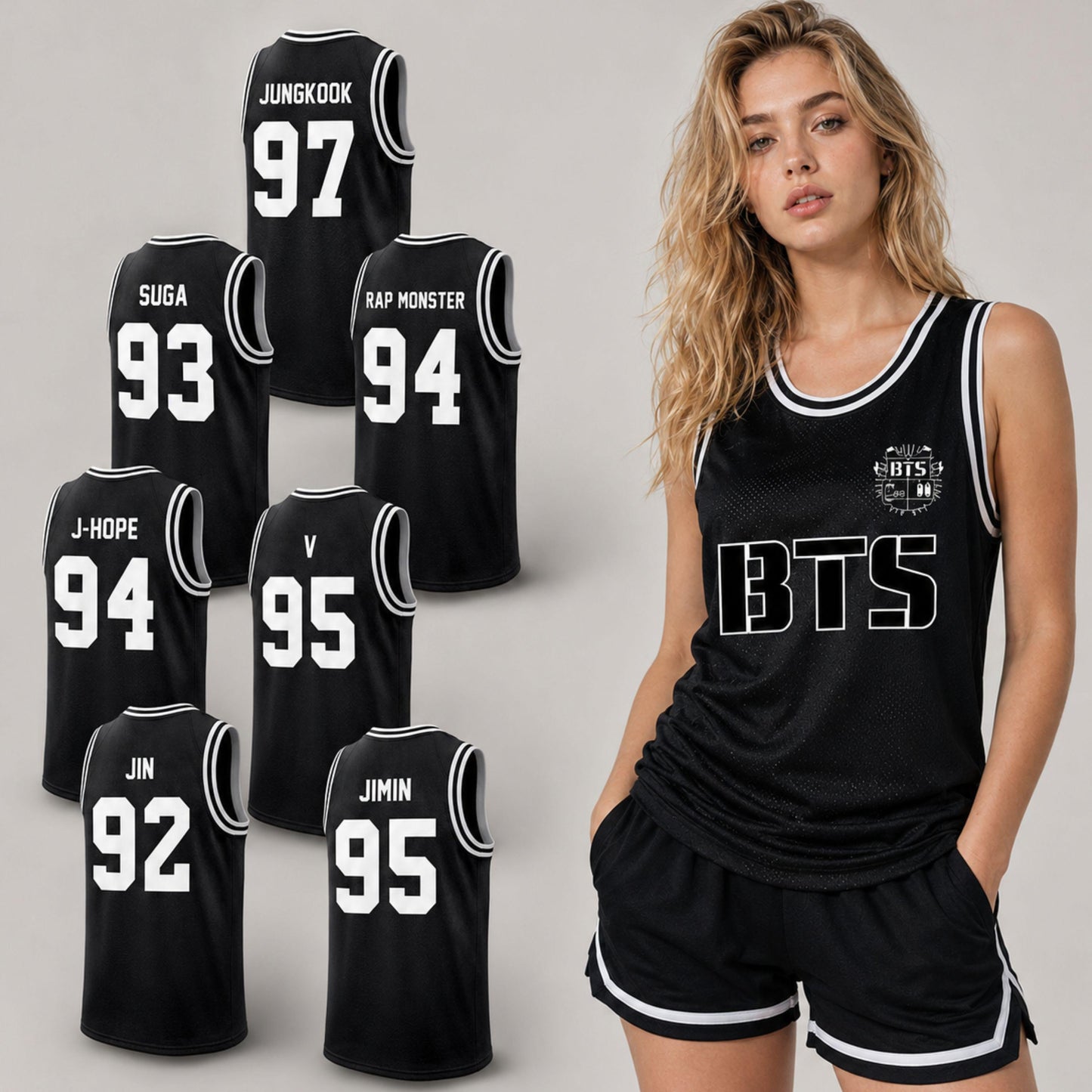 Front view of custom BTS basketball jersey with BTS logo design