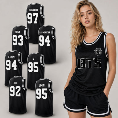 Front view of custom BTS basketball jersey with BTS logo design