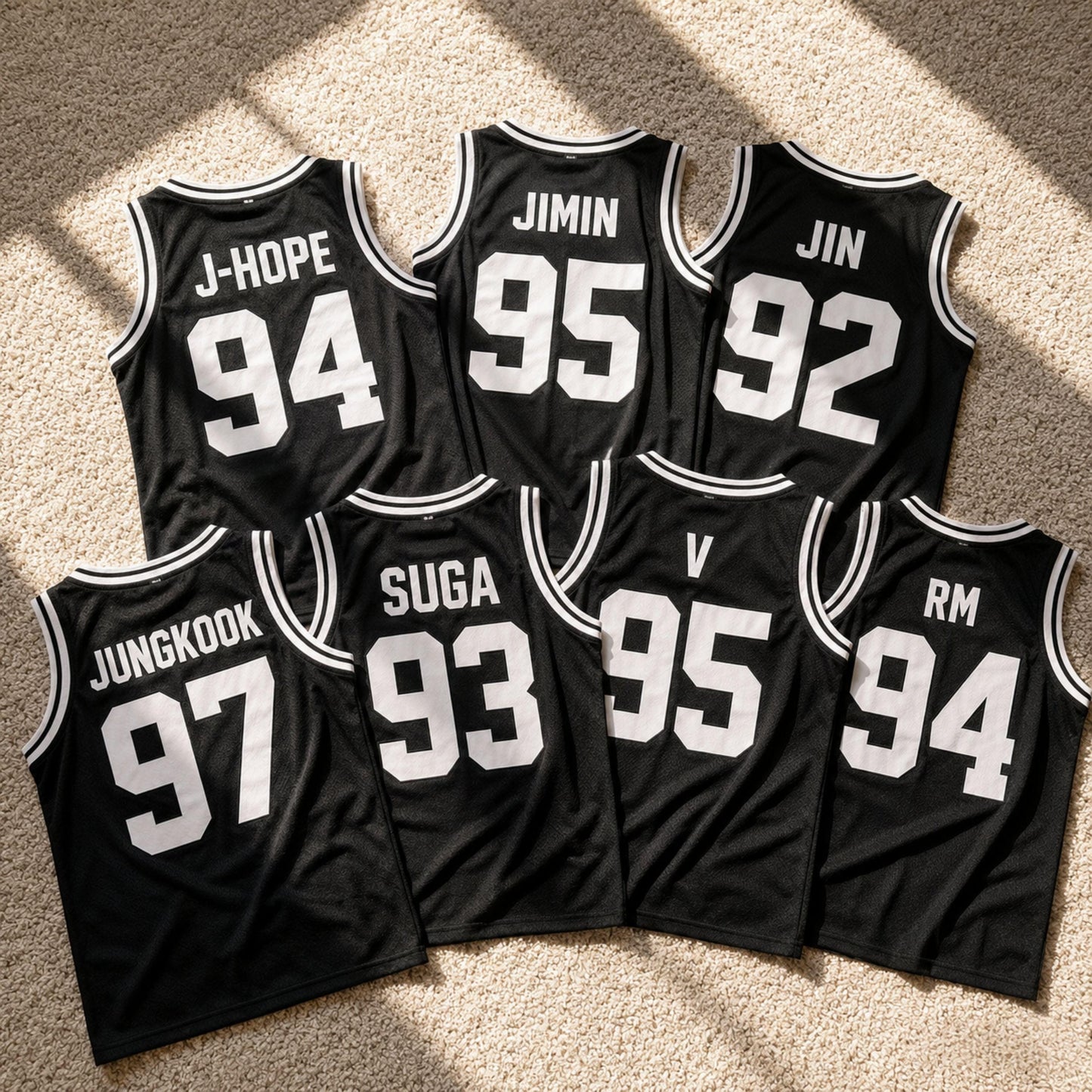 Close-up of breathable polyester mesh fabric texture on BTS jersey