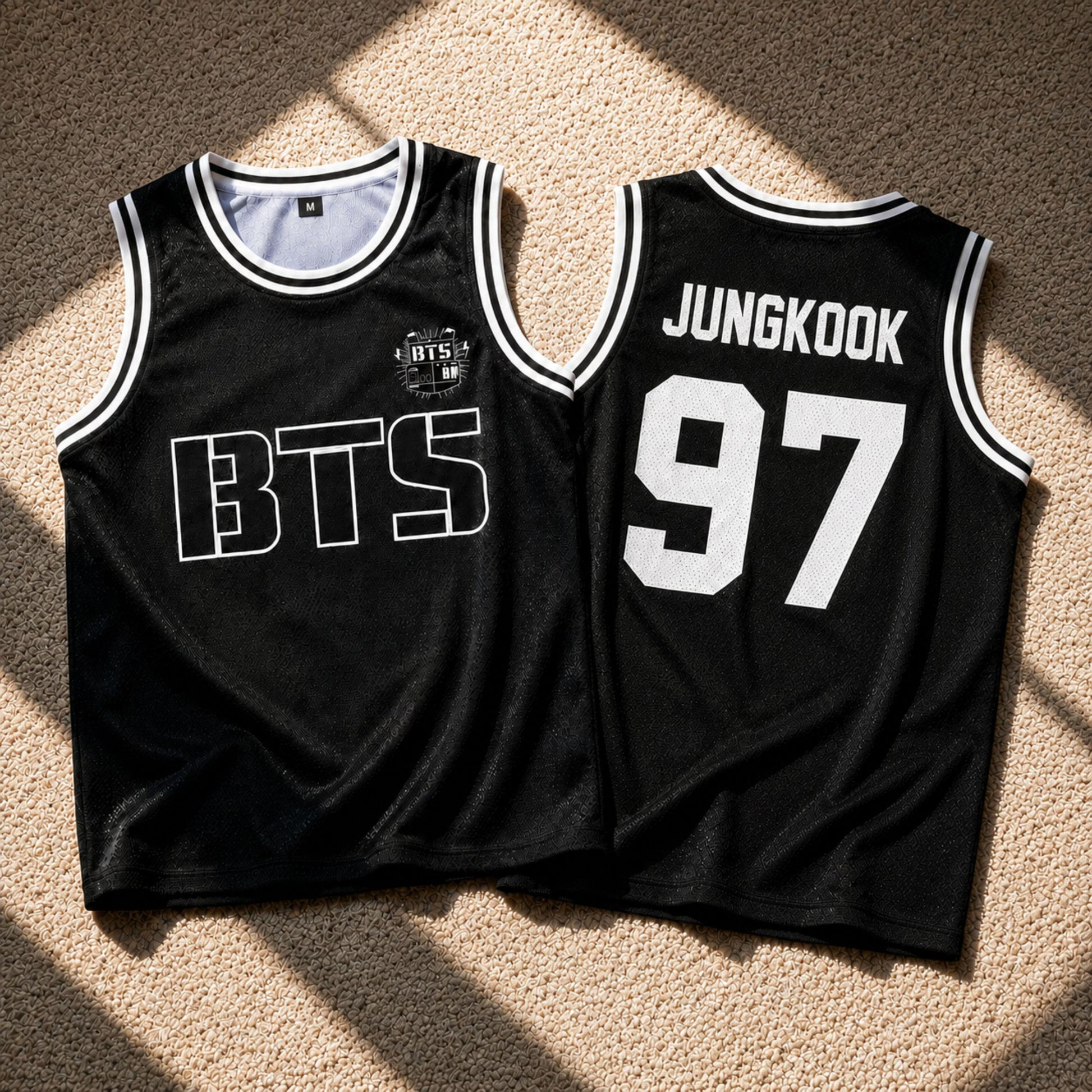 Detail of BTS logo on front of custom basketball jersey