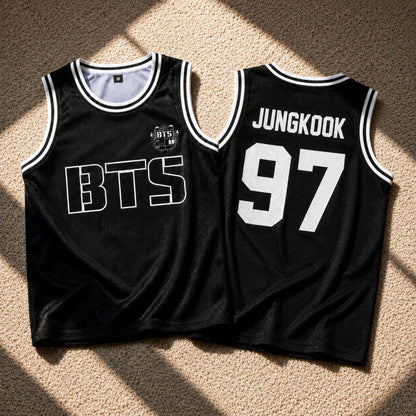 Detail of BTS logo on front of custom basketball jersey