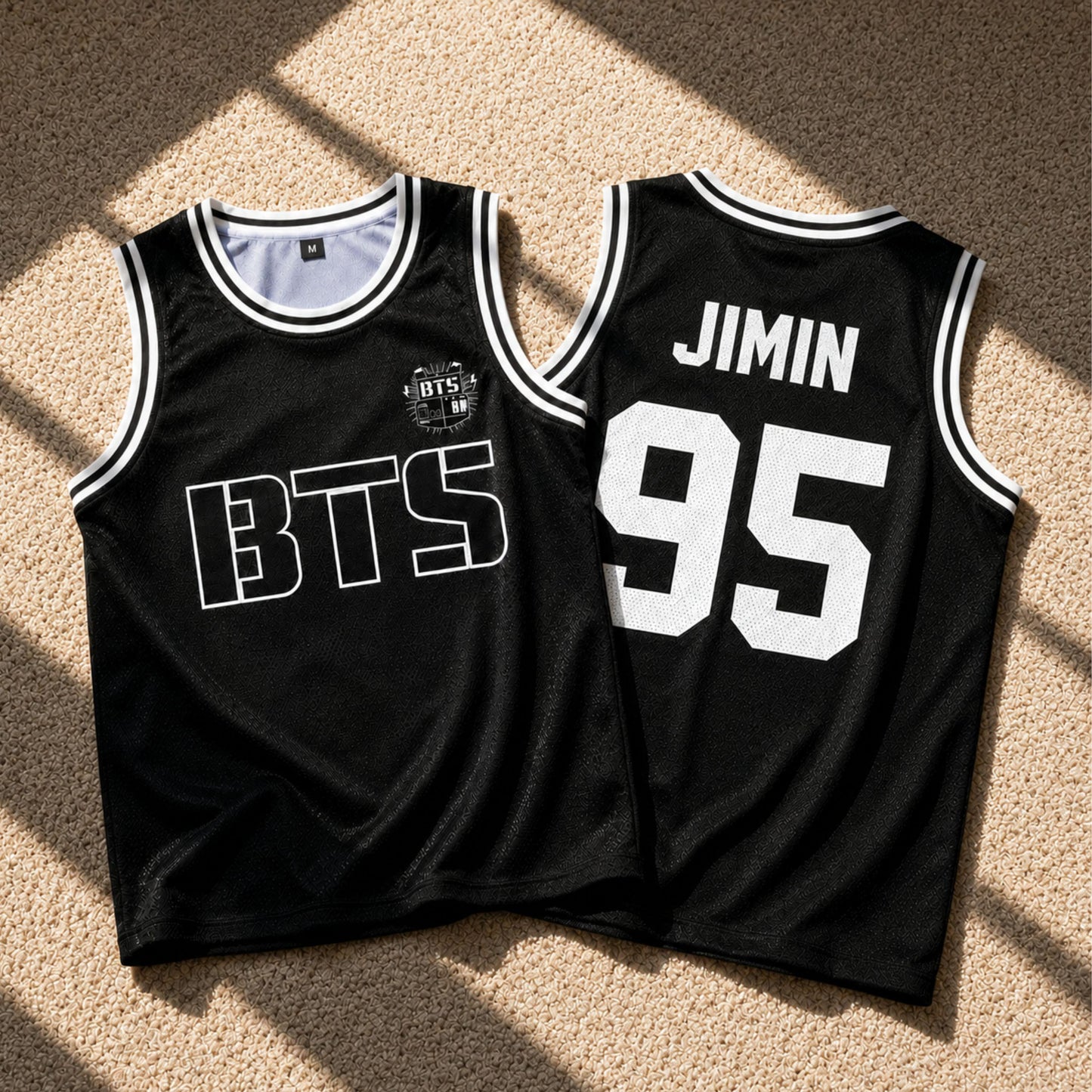 Back neckline detail of BTS basketball jersey with interior lining visible