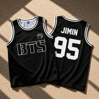 Back neckline detail of BTS basketball jersey with interior lining visible