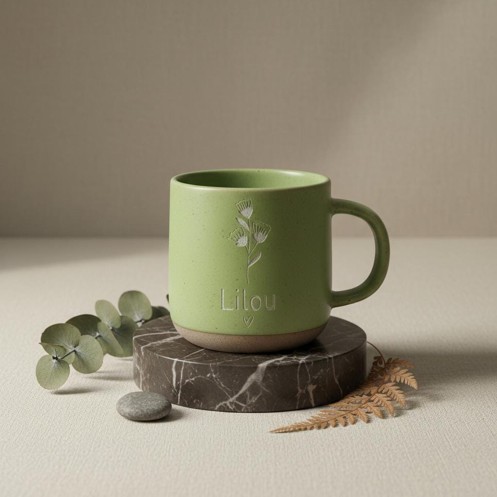 Custom Engraved Flower Mug: Personalized Stoneware Coffee Cup, Microwave Safe,Mon mug — image 1