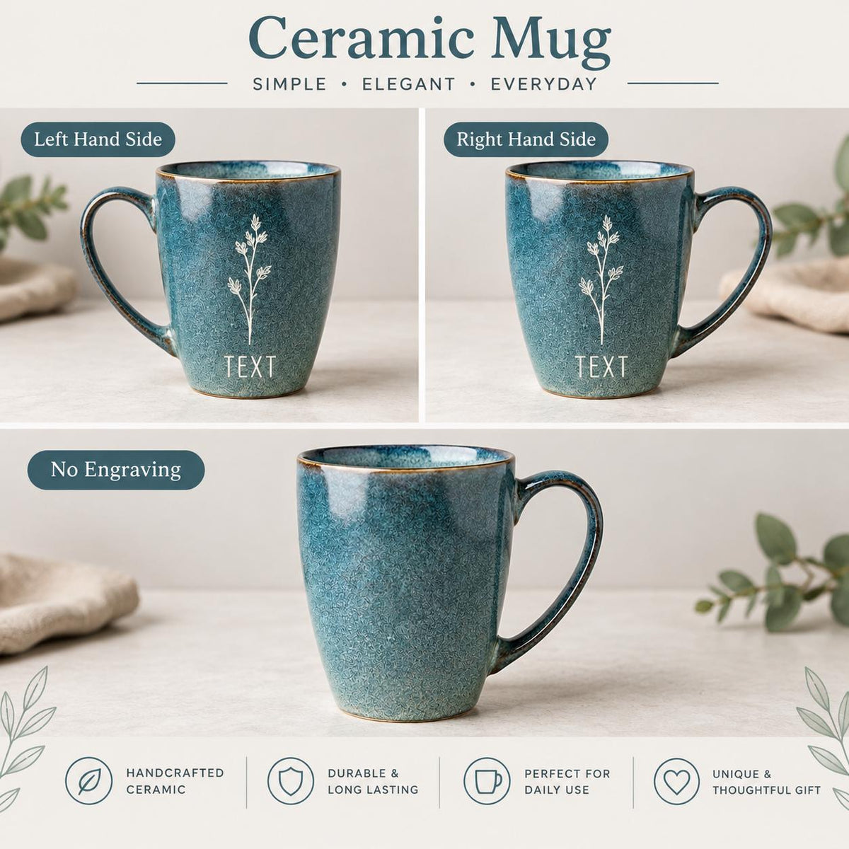 Engraved Grandma Mug, Blue Speckled Ceramic Cup with Botanical Design, Gift for Grandmother — image 6