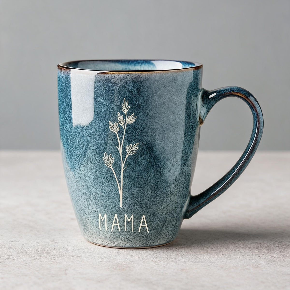 Engraved Grandma Mug, Blue Speckled Ceramic Cup with Botanical Design, Gift for Grandmother — image 3