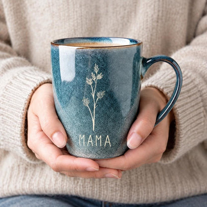 Engraved Grandma Mug, Blue Speckled Ceramic Cup with Botanical Design, Gift for Grandmother — image 2