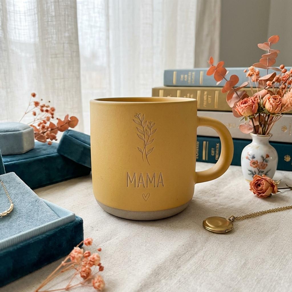 Personalized Ceramic Mug, Laser Engraved Floral Design Mug, Gift for Mom — image 1