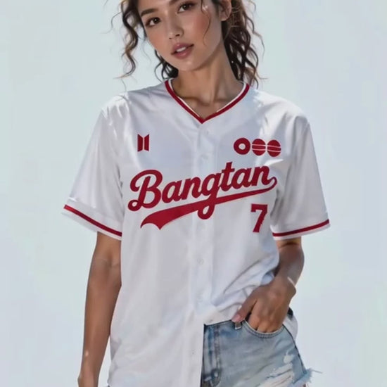 White and red fan-inspired baseball jersey product video